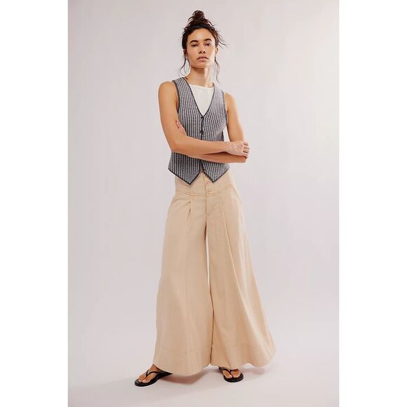Free People Maxed Out Wide-Leg Trousers Pants Mid-Rise Pleated Beige S-6 278386